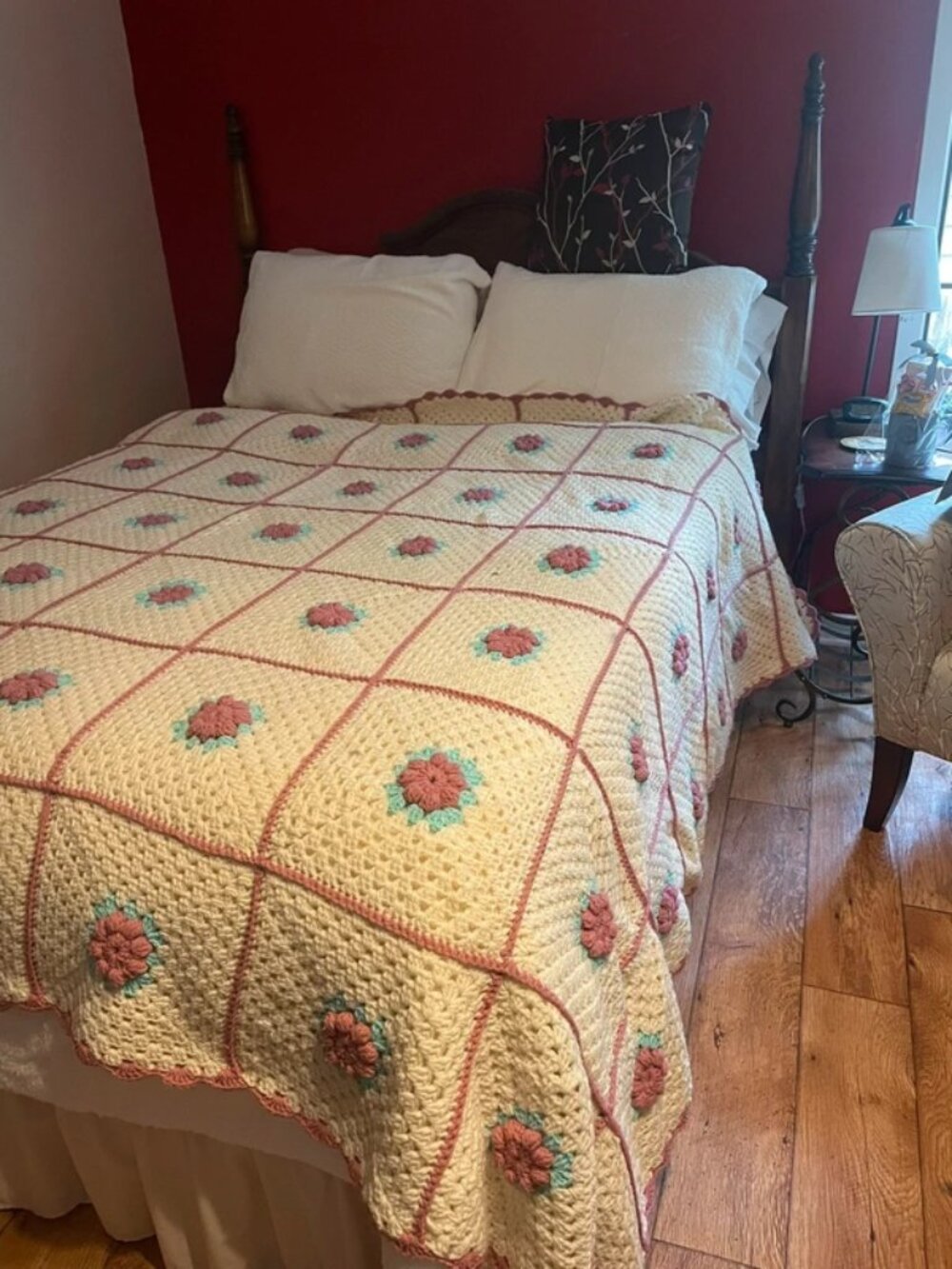 Handmade Vintage Crochet Queen/King Bedspread – Floral Granny Square Blanket